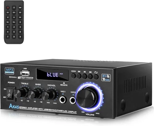 AK45 Amplificador de audio estéreo para el hogar con receptor Bluetooth 5.0, 300 W+300 W Bluetooth HiFi AMP amplificador de potencia 2.0 canales RMS