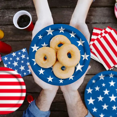 Miniatura 6 de Suministros de fiesta patriótica de bandera estadounidense, platos de papel desechables para cenas, platos de papel para postres, servilletas