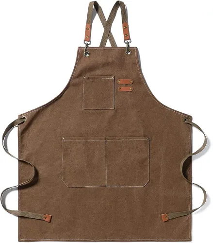 Hyzrz Delantales de chef para hombres y mujeres con bolsillos grandes, lona de algodón con espalda cruzada, delantal de trabajo resistente, Marrón