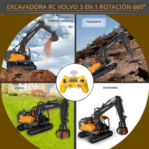 Miniatura 7 de Double E Volvo - Excavadora de control remoto a escala 1:16, juguete de construcción 3 en 1 de 17 canales con pala de metal, taladro, agarre