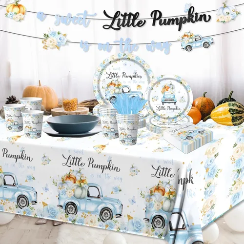 Miniatura 2 de Decoración de baby shower de calabaza, 142 piezas, una dulce pequeña calabaza está en camino, camión floral azul para niños, mantel desechable