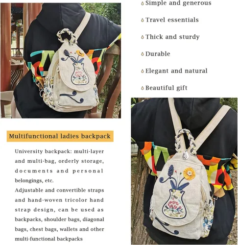 Miniatura 118 de HUANGGUOSHU Mochila de algodón tejida de algodón bohemio con bordado de lona estilo bohemio con múltiples bolsillos retro linda mochila cartera
