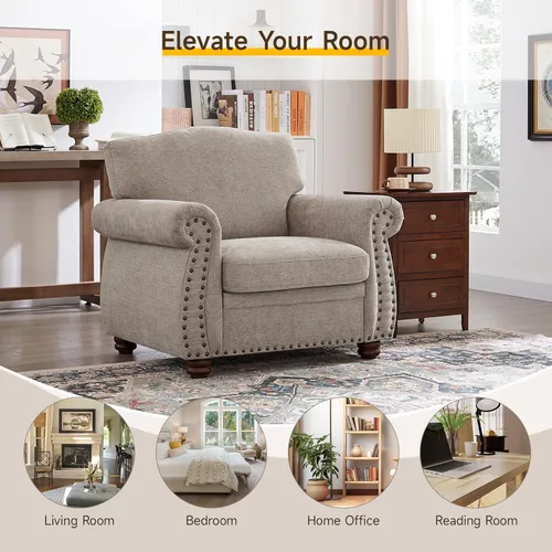 Miniatura 5 de ONBRILL Sillón con ribetes de tachuelas, silla decorativa con brazos curvos para sala de estar, cómoda silla de club de felpilla con cojines