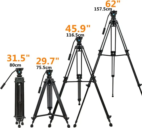 Miniatura 3 de Trípode de video profesional de aluminio resistente de 62 pulgadas/62.2 in, trípode de video de tubo doble, cabezal fluido de 360 grados, esparcidor