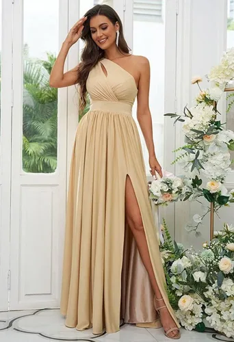Miniatura 5 de Vestido largo de gasa con un hombro descubierto para mujer, sin mangas, plisado, formal, con abertura