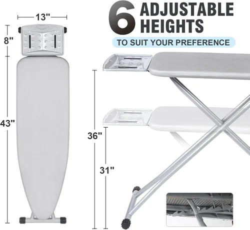 Miniatura 2 de oleaf Tabla de planchar con cubierta y almohadilla gruesa de 43 x 13 pulgadas, altura ajustable, tamaño completo, plegable, tabla de planchar
