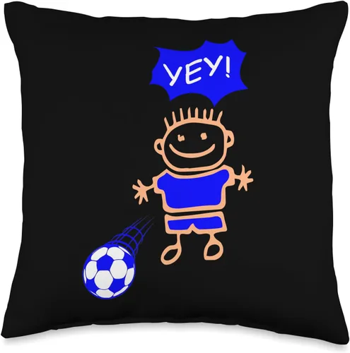 Niño juega fútbol con pelota, Yey! Throw Pillow
