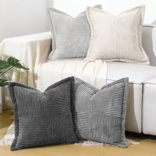 Miniatura 15 de Lewondr - Fundas de almohada de pana, juego de 4 fundas cuadradas de 22x22 pulgadas, con diseños a rayas modernas, para sofá, sala de estar, Marrón