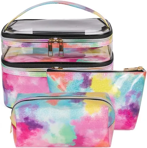 Miniatura 18 de FITINI 3 piezas de bolsas de maquillaje de doble capa, organizador de grandes estuches de cosméticos de viaje, bolsas de aseo impermeables, pequeña