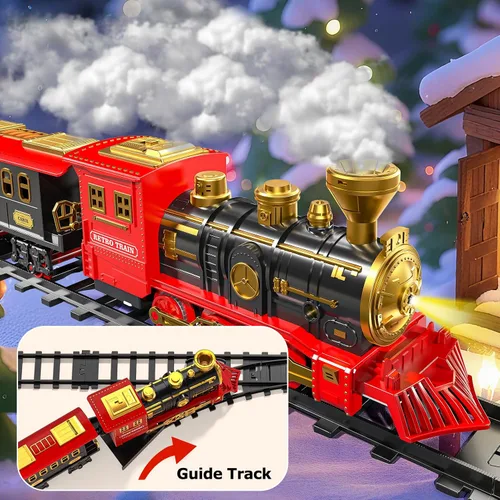 Miniatura 4 de Juego de tren para niños de 3-5 4-7, juego de juguetes clásicos de tren eléctrico con motor de locomotora, luces y sonido con vapor, rieles