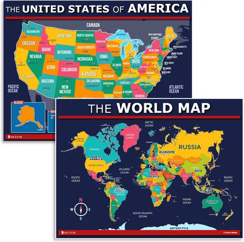 Miniatura 17 de Póster de mapa de Estados Unidos y del mundo 2 unidades para niños laminado azul (actualizado fijo V2.0) Young N Refined (18x24)