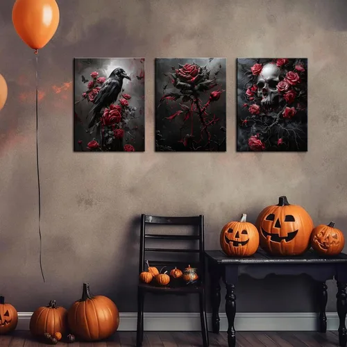 Miniatura 5 de Juego de 3 lienzos góticos para pared, diseño de rosas románticas de Halloween, decoración de pared, pósteres de calavera de cuervo gótico oscuro