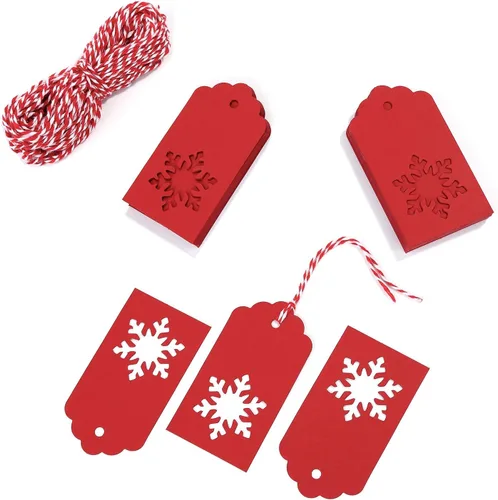 Whaline 100 etiquetas de papel con copos de nieve, etiquetas de regalo de papel kraft de Navidad, etiquetas colgantes con cordel de 98.4 ft para