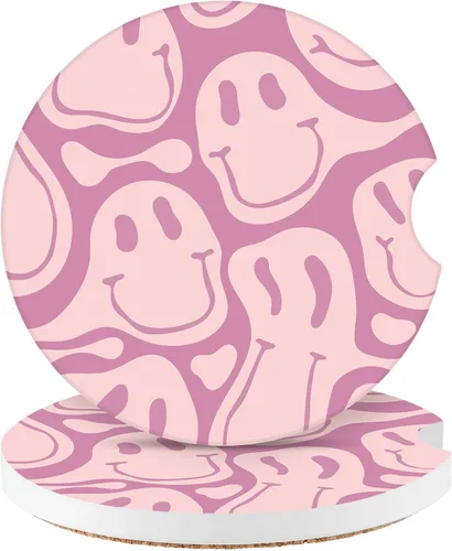 Miniatura 11 de Posavasos para automóvil, morado sonriente, absorbentes, paquete de 2 para portavasos con muesca para los dedos, cerámica de 2.56 pulgadas