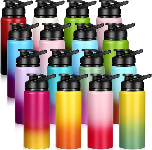 Miniatura 9 de Yinder 16 botellas de agua de aluminio a granel multicolor reutilizables con tapas a presión, paquete múltiple de botellas de agua al vacío