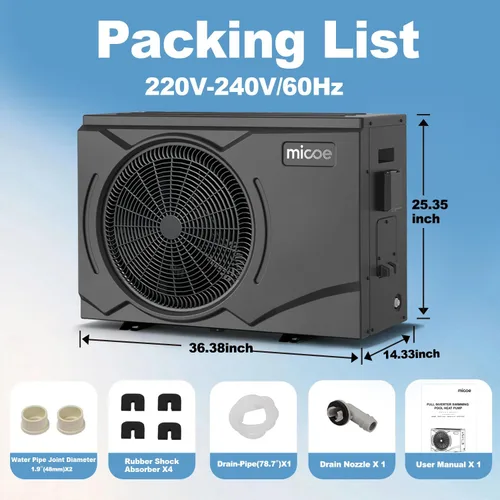 Miniatura 7 de MICOE Bomba de calor para piscina de 58,000 BTU, calentador de bomba de calor de fuente de aire eléctrica inteligente para piscinas sobre el suelo