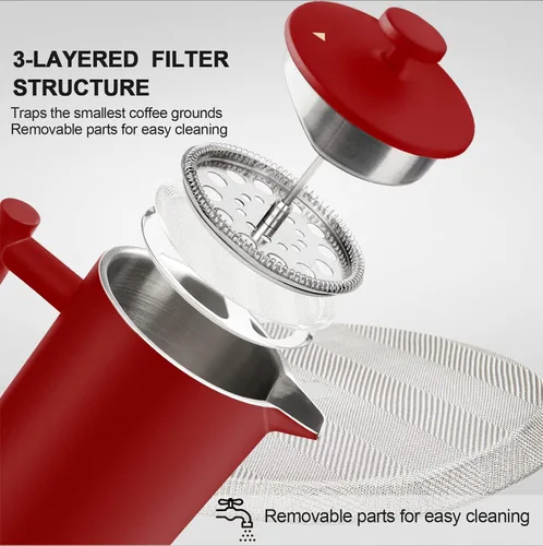 Miniatura 4 de Secura Cafetera de Prensa Francesa, Prensa de Café de Acero Inoxidable de Doble Pared Grado 304 con 2 Filtros Adicionales, 34oz (1L), Rojo