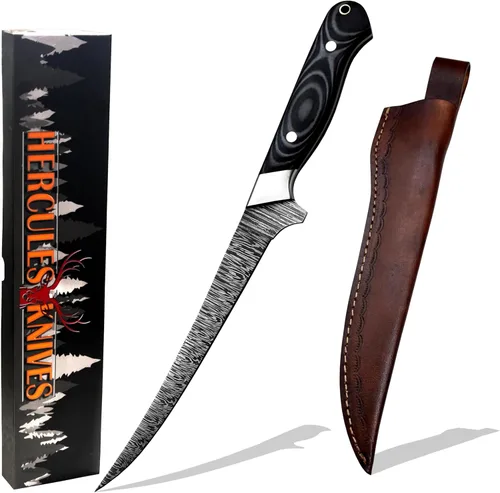Cuchillo de filete de acero de Damasco forjado a mano personalizado Filete de pescador G-10 Mango de micarta Funda de cuero Hoja fija Cuchillo hecho