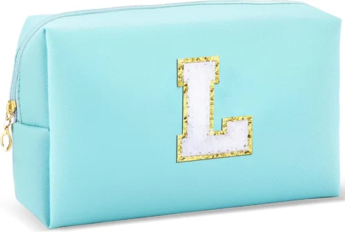 Miniatura 11 de URSKYTOUS Regalos para niñas, bolsa de maquillaje con inicial, bolsa de cosméticos personalizada con cremallera, bonita bolsa de aseo de viaje, Azul