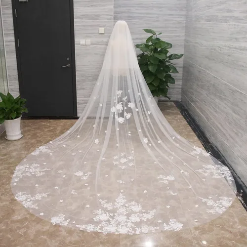 Miniatura 2 de Velos de boda catedral para novias, 2 niveles, encaje floral blanco con peine