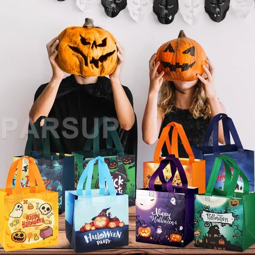 Miniatura 7 de PARSUP 16 bolsas bronceadoras de Halloween para dulce o truco, bolsas de Halloween con asas, bolsas de regalo metálicas, bolsas de Halloween