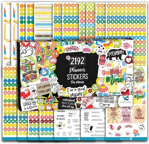 Vladi Creative Busy Mom - Calcomanías para planificar, más de 2190 piezas, 18 hojas, calcomanías decorativas y coloridas que aumentan la
