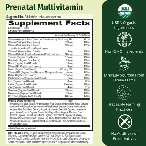 Miniatura 2 de Multivitamínico prenatal una vez al día para mujeres para concepción, embarazo, posparto y lactancia, folato, hierro y mezcla de alimentos