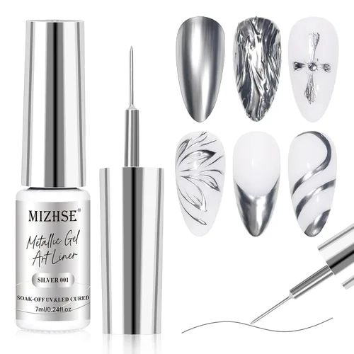 Miniatura 10 de MIZHSE Revestimiento de gel metálico para uñas, dorado y plateado, 4 colores, línea de dibujo de araña pintada en gel de espejo 3D, pintura