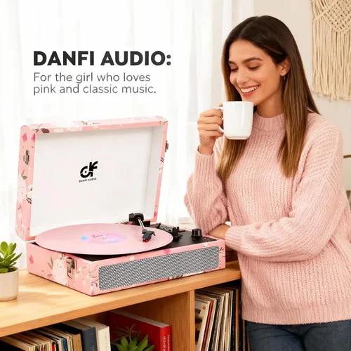 Miniatura 9 de Tocadiscos de vinilo Bluetooth con altavoces integrados, tocadiscos portátil vintage con diseño floral, fonógrafo de vinilo de 3 velocidades