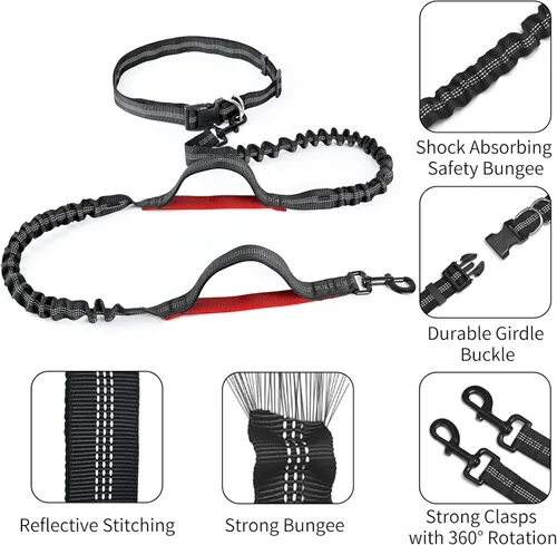 Miniatura 6 de Correa de perro manos libres con bolsa de cremallera, correa elástica retráctil con asas acolchadas dobles y cinturón de cintura para entrenamiento