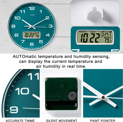 Miniatura 4 de Reloj de pared TIMESS, de 14" con gran esfera silenciosa y sin tictac, funciona con pilas, analógico con pantalla LCD para calendario perpetuo