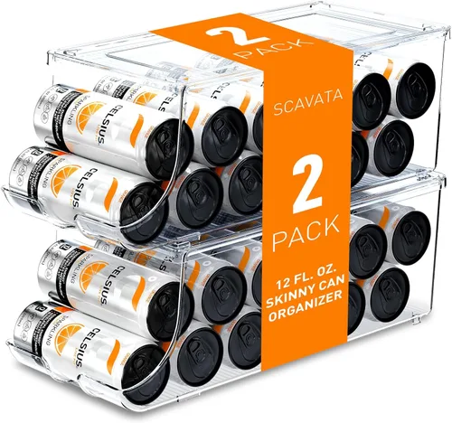 SCAVATA Paquete de 2 organizadores de latas delgadas para refrigerador, dispensador de latas de soda alto y delgado apilable con tapa para nevera,