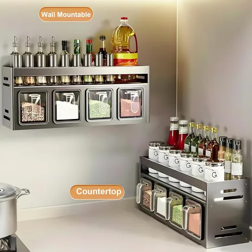 Miniatura 6 de Estante de especias de cocina, organizador de cocina y estante de almacenamiento con 4 cucharas, organización de especias para gabinetes, pared