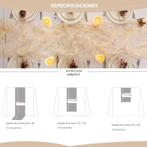 Miniatura 5 de Snowkingdom - Camino de mesa dorado de 10 pies, gasa transparente, chifón, tul, tela de queso, lentejuelas, purpurina, lámina metálica, decoraciones