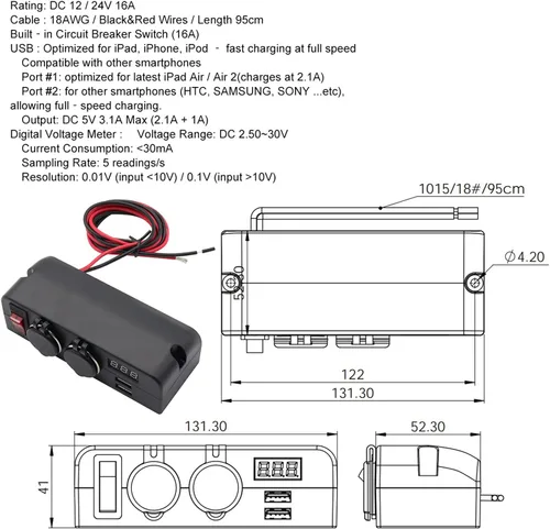 Miniatura 7 de Cargador de enchufe USB dual y adaptador divisor de encendedor de cigarrillos de salida de 12 V dual con voltímetro LED y interruptores de Adaptador