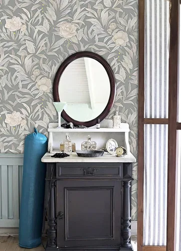 Miniatura 6 de CiCiwind Papel tapiz floral gris para despegar y pegar, hojas para decorar gabinetes, papel de contacto autoadhesivo extraíble para paredes que