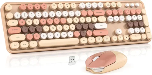 Miniatura 21 de MOWUX - Combo de teclado y mouse inalámbricos, máquina de escribir de tamaño completo, retro, redondo, lindo mouse óptico inalámbrico, Plug and Azul