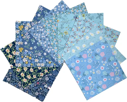 Miniatura 3 de 5" x 5" 50 PIEZAS 100% Algodón Paquetes de Tela Floral Cuadrada para Acolchado, Suministros para Costura DIY y Principiantes en Acolchado_Azul