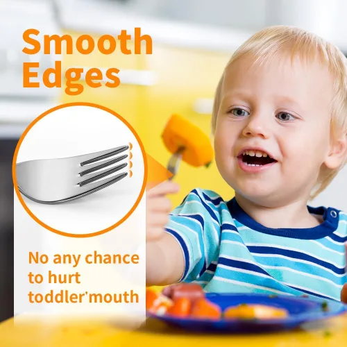 Miniatura 6 de 4 tenedores y cucharas de acero inoxidable para niños pequeños con bordes redondeados suaves Juego de utensilios para niños de 1 año Juego