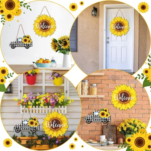 Miniatura 7 de 2 piezas de girasol de verano para puerta de bienvenida, letrero colgante de madera para camión con diseño de girasol Hello Sunshine Wall Porche Art