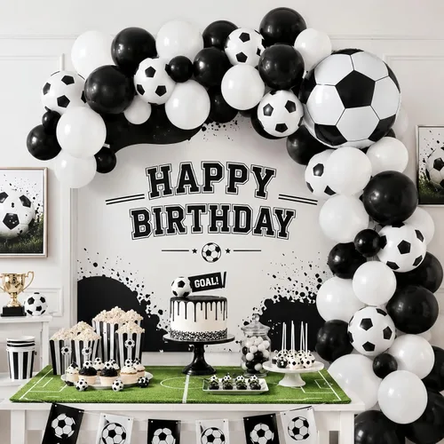 Miniatura 5 de Globos de fútbol, globos de látex blanco y negro de 12 pulgadas con balón de fútbol de 22 pulgadas, globo de aluminio 4D para niños, decoración