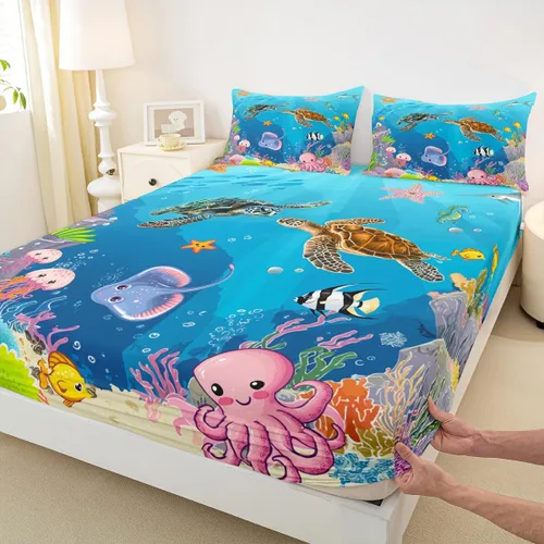 Miniatura 13 de Homewish Axolotl - Sábana bajera ajustable Kawaii para niños, tamaño individual, juego de ropa de cama de teñido anudado con pintura de acuarela