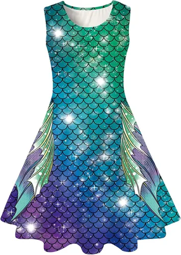 Funnycokid Girls Mermaid Dress Kids Summer Sleeveless Dresses Birthday Sundress Swing Outfit 4-13 Years