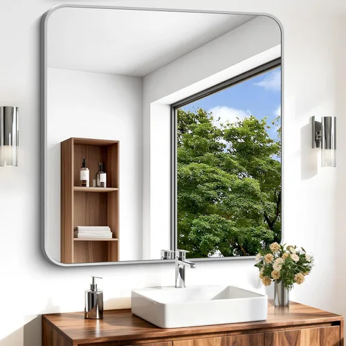 Miniatura 21 de Espejo de baño de 18 x 24 pulgadas con marco de metal negro rectangular, espejo de tocador rectangular de esquinas redondeadas, espejo de pared
