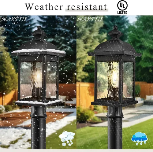 Miniatura 4 de Luz de poste al aire libre de aluminio para exteriores, con cable duro con vidrio ondulado de agua, acabado negro mate, 16 pulgadas de altura