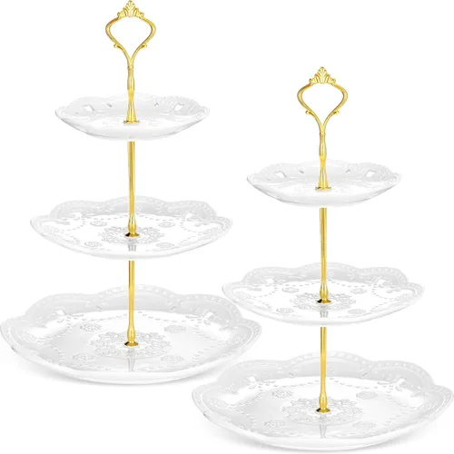 Miniatura 8 de Tatuo 2 soportes de porcelana de 3 niveles para cupcakes, torre para tartas, pastelería para servir postres, soporte escalonado de cerámica blanca