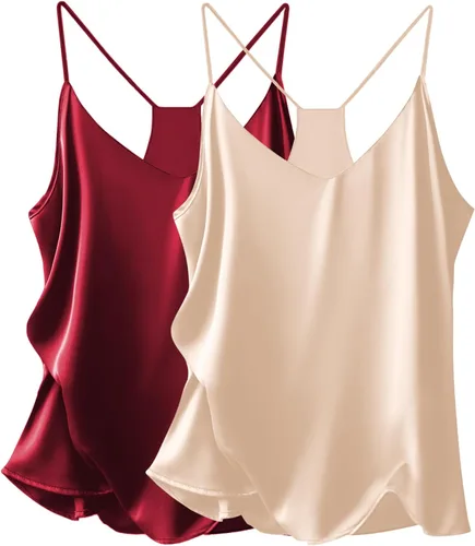 Ekouaer Camisetas de satén para mujer, paquete de 2 camisetas de seda con cuello en V, tirantes delgados, espalda cruzada, camiseta tipo camisola,