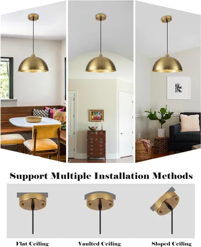 Miniatura 8 de Paquete de 2 luces colgantes doradas para isla de cocina, lámpara colgante de cúpula martillada de 12 pulgadas, luces colgantes de cocina de granja