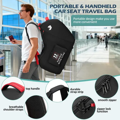 Miniatura 7 de RAINSMORE Bolsa de viaje para asiento de automóvil infantil para avión, compatible con todos los asientos de automóvil Nuna Pipa y base Chicco Negro