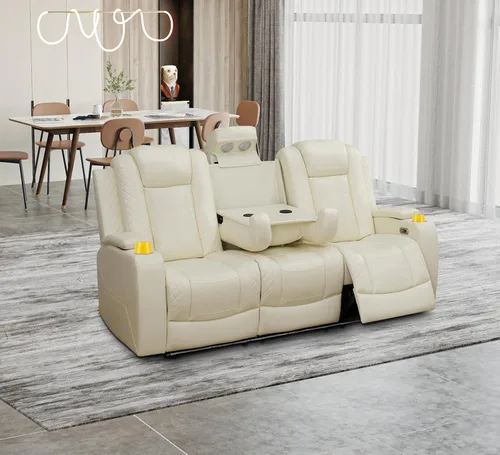 Miniatura 38 de Juego de 3 piezas para sala de estar, sofá reclinable eléctrico de cuero con puertos USB, iluminación LED y portavasos, asientos de cine en casa